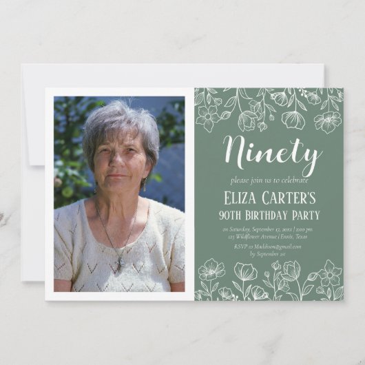 セージグリーン90th90のフローラエレガント誕生日 招待状 (正面)