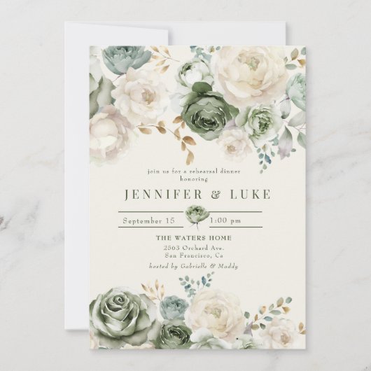 セージグリーン&アイボリーフラワーリハーサルディナー 招待状 (正面)