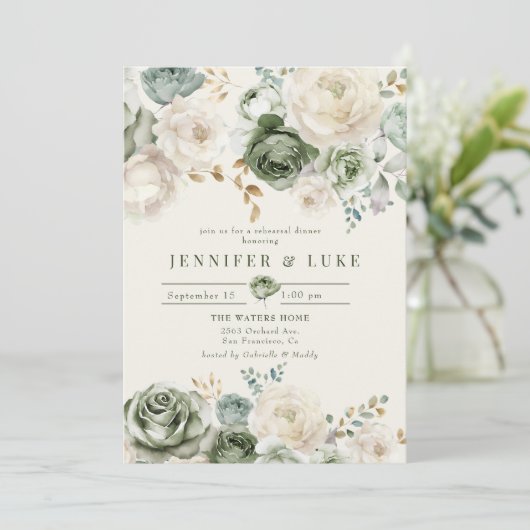 セージグリーン&アイボリーフラワーリハーサルディナー 招待状 (スタンド正面)
