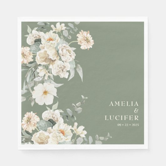 セージグリーン&アイボリーフローラモノグラムクレスト結婚ズ スタンダードランチョンナプキン (正面)