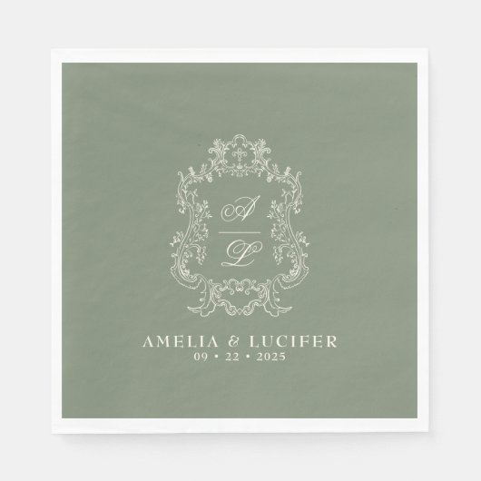 セージグリーン&アイボリーフローラモノグラムクレスト結婚ズ スタンダードランチョンナプキン (正面)