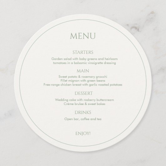 セージグリーン&アイボリーモノグラムのラウンド結婚のメニュー メニュー (正面)