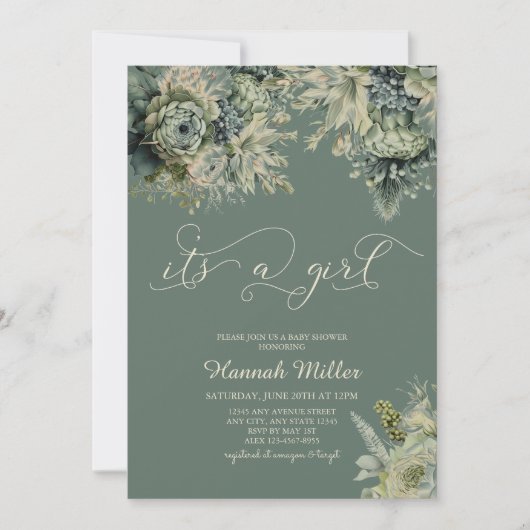 セージグリーン |アイボリー |女の子の赤ちゃんシャワー水色 招待状 (正面)