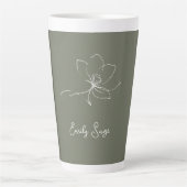 セージグリーン アイボリー 花のラインアート ミニマル ゼン カフェラテマグ (正面)