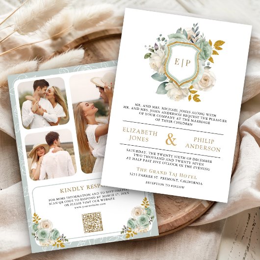 セージグリーン アイボリー 花 フラワー QRコード クレスト 結婚式 招待状