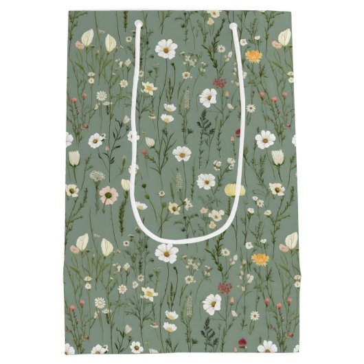 セージグリーン イエロー ホワイト ワイルドフラワーズ 誕生日 彼女 ミディアムペーパーバッグ (裏面)