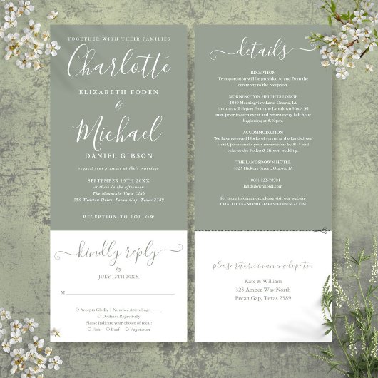 セージグリーン エレガント スクリプト オールインワン ウェディング 招待状