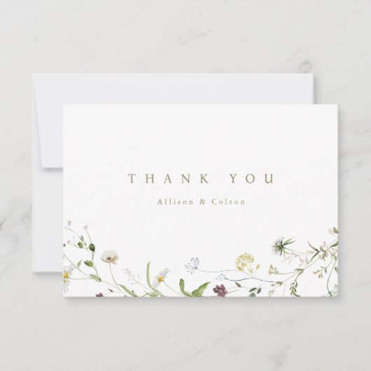 セージグリーン エレガント ワイルドフラワー ラスティック ボーホー ウェディング サンキューカード (正面)