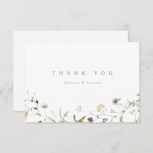 セージグリーン エレガント ワイルドフラワー ラスティック ボーホー ウェディング サンキューカード (正面/裏面)