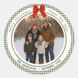 セージグリーン ギンガムチェック サークル 写真 クリスマス ラウンドシール