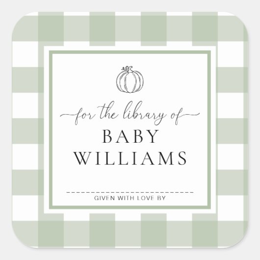 セージグリーン ギンガム パンプキン 図書館 本の栞 スクエアシール (正面)