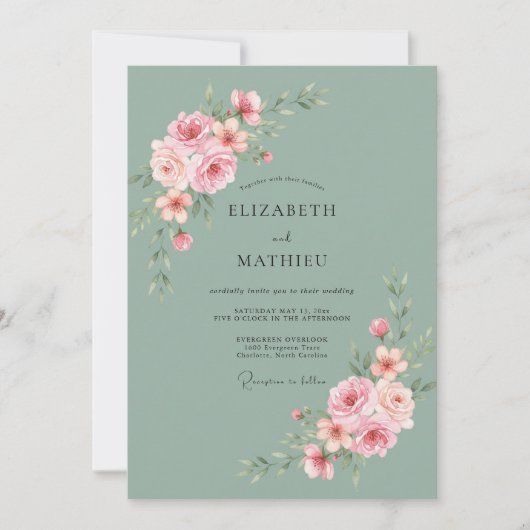 セージグリーン グレイシャス ローズ ウェディング 招待状 (正面)