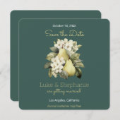 セージグリーン&ゴールドの洋梨型スクエア・セーブ・ザ・デートカード セーブザデート (正面/裏面)