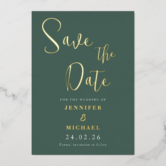 セージグリーン ゴールドホイル 結婚式 Save The Date 箔招待状 (正面)