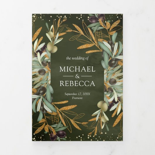 セージグリーン ゴールド オリーブの葉の枝の写真 ウェディング 三つ折り招待状 (カバー)