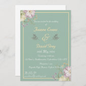 セージグリーン, ゴールド, 花のデザイン 招待状 (正面/裏面)