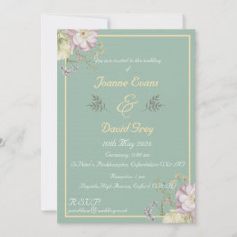 セージグリーン, ゴールド, 花のデザイン 招待状