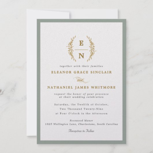 セージグリーン&シャンパーニュ金ゴールドモノグラム結婚ズ 招待状 (正面)