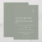 セージグリーン シンプル モダン エレガント モノグラム ウェディング 招待状 (正面/裏面)