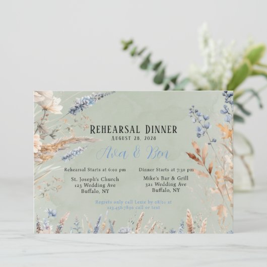 セージグリーン&ダスティブルーフラワーリハーサルディナー 招待状 (スタンド正面)