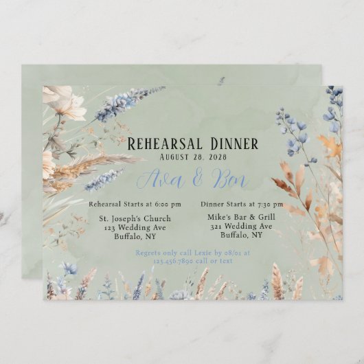セージグリーン&ダスティブルーフラワーリハーサルディナー 招待状 (正面/裏面)