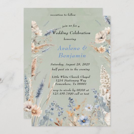 セージグリーン&ダスティブルーワイルドフラワー結婚ズ 招待状 (正面/裏面)