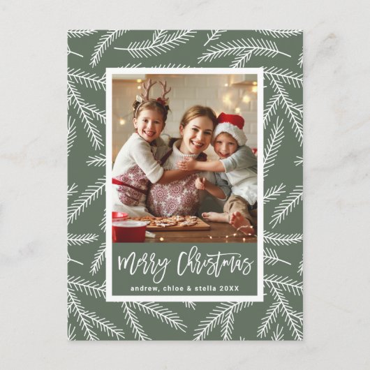 セージグリーン |パイン枝メリークリスマスフォト シーズンポストカード (正面)
