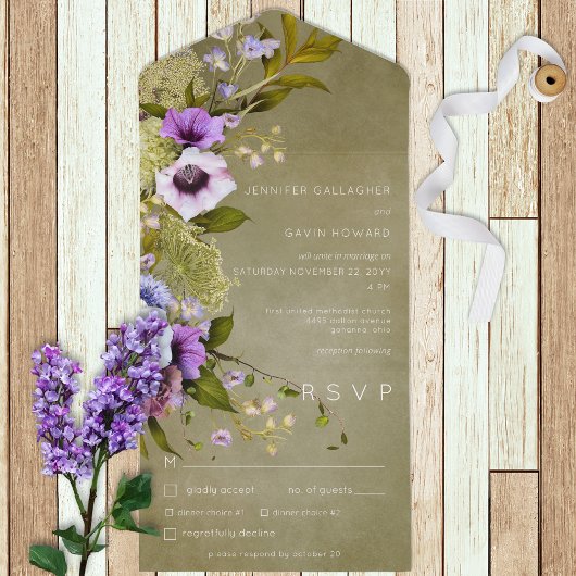 セージグリーン&パープルフローラディナモダンー オールインワン招待状