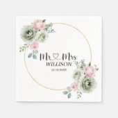 セージグリーン&ピンクの花のウェディングペーパーナプキン スタンダードカクテルナプキン (正面)