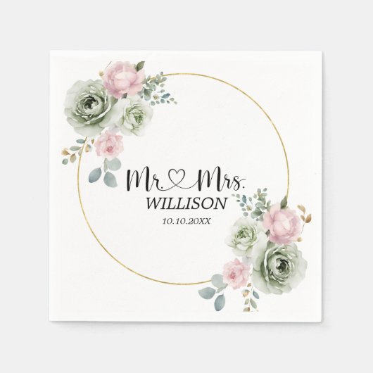 セージグリーン&ピンクの花のウェディングペーパーナプキン スタンダードカクテルナプキン (正面)