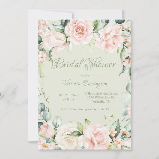セージグリーン&ピンクフローラエレガントブライダルシャワー 招待状 (正面)
