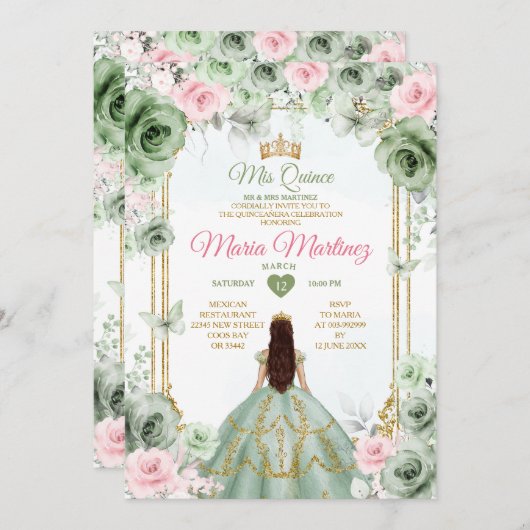 セージグリーン&ピンクフローラミスカンス16誕生日 招待状 (正面/裏面)