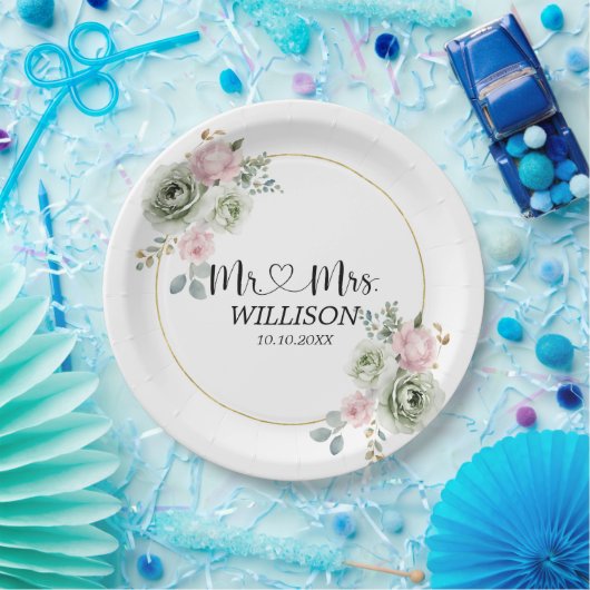 セージグリーン&ピンク結婚の花 ペーパープレート (パーティー)