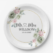 セージグリーン&ピンク結婚の花 ペーパープレート (正面)