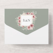 セージグリーン フラワー ゴールド ジオメトリック QR コード ウェディング オールインワン招待状 (裏面)