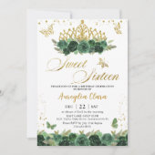 セージグリーン フラワー ゴールド スウィート16 16歳の誕生日 招待状 (正面)