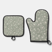セージグリーン フラワー ファームハウス コテージコア 鍋つかみ&鍋敷きセット (正面)