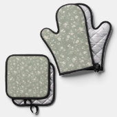 セージグリーン フラワー ファームハウス コテージコア 鍋つかみ&鍋敷きセット (正面/裏面)