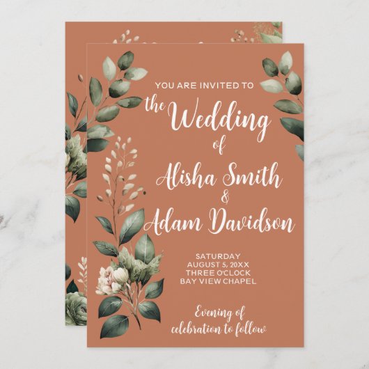 セージグリーン&フローラテラコッタ結婚式招待状 招待状 (正面/裏面)