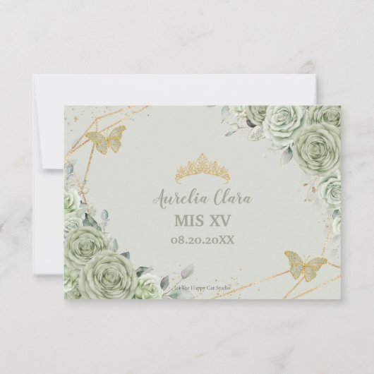 セージグリーン フローラル ゴールドのキンセアニエラ プリンセスドレス 出欠カード (裏面)