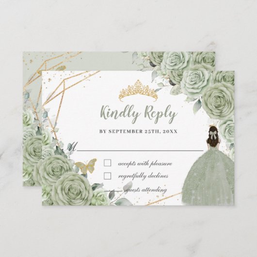 セージグリーン フローラル ゴールドのキンセアニエラ プリンセスドレス 出欠カード (正面/裏面)