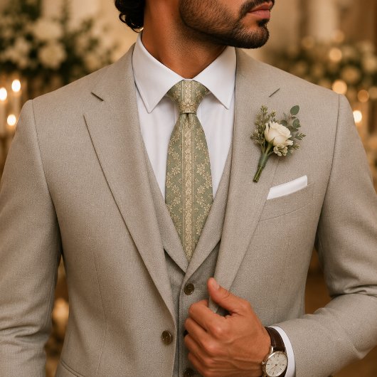 セージグリーン フローラル ジャカード 結婚式 ネクタイ