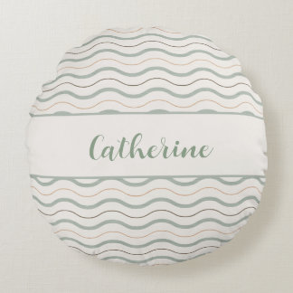 セージグリーン & ブラウン ネイビー ウェーブ デコレーション ラウンドクッション