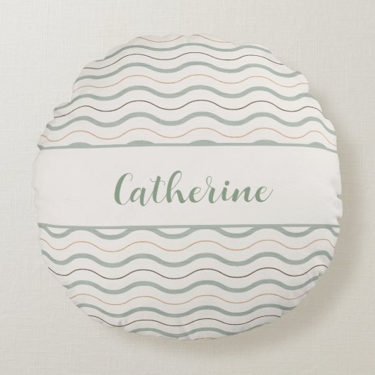セージグリーン & ブラウン ネイビー ウェーブ デコ ラウンドクッション (正面)