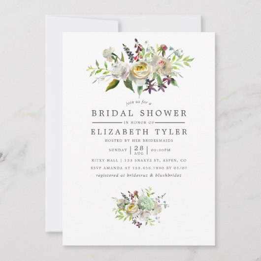 セージグリーン&ホワイトウォーター色フローラブライダルシャワー 招待状 (正面)