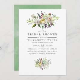 セージグリーン&ホワイトウォーター色フローラブライダルシャワー 招待状