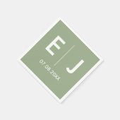 セージグリーン&ホワイトモノグラム結婚ズ スタンダードカクテルナプキン (角)