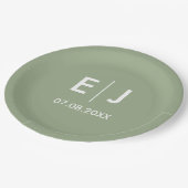 セージグリーン&ホワイトモノグラム結婚ズ ペーパープレート (アングル)