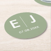 セージグリーン&ホワイトモノグラム結婚ズ ラウンドペーパーコースター (アングル)