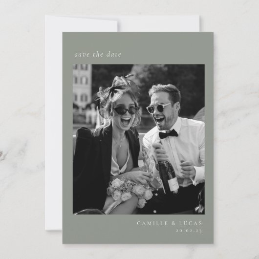 セージグリーン ミニマル エレガント フォト セーブ・ザ・デート 招待状 (正面)